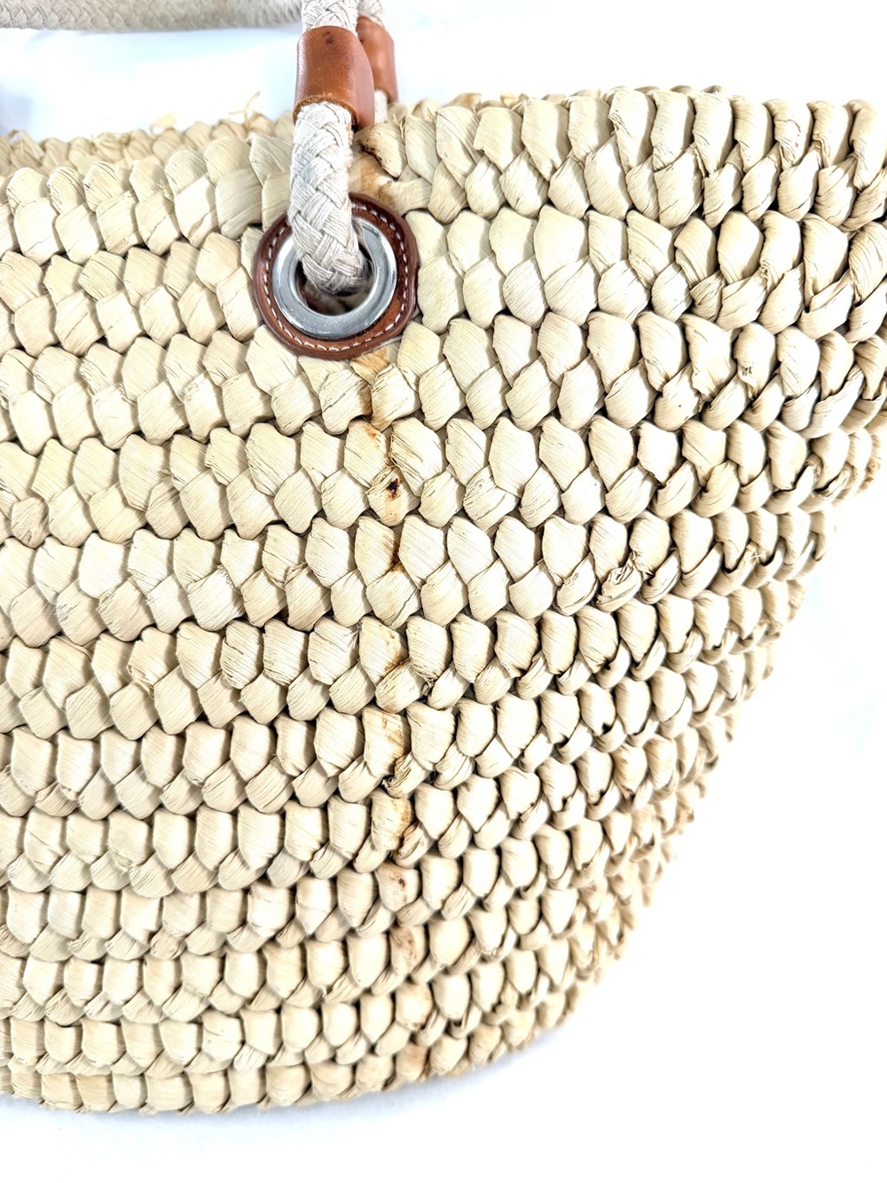 Lands End Woven Raffia Beach Shopper Summer Large Straw Tote Bag Leather Accents - Picture 10 of 11